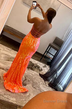 Sparkly Orange Sequin Sweetheart Lace Up Back Long Prom Dresses