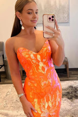 sparkly orange sequin sweetheart lace up back long prom dress