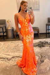 sparkly orange sequin sweetheart lace up back long prom dress