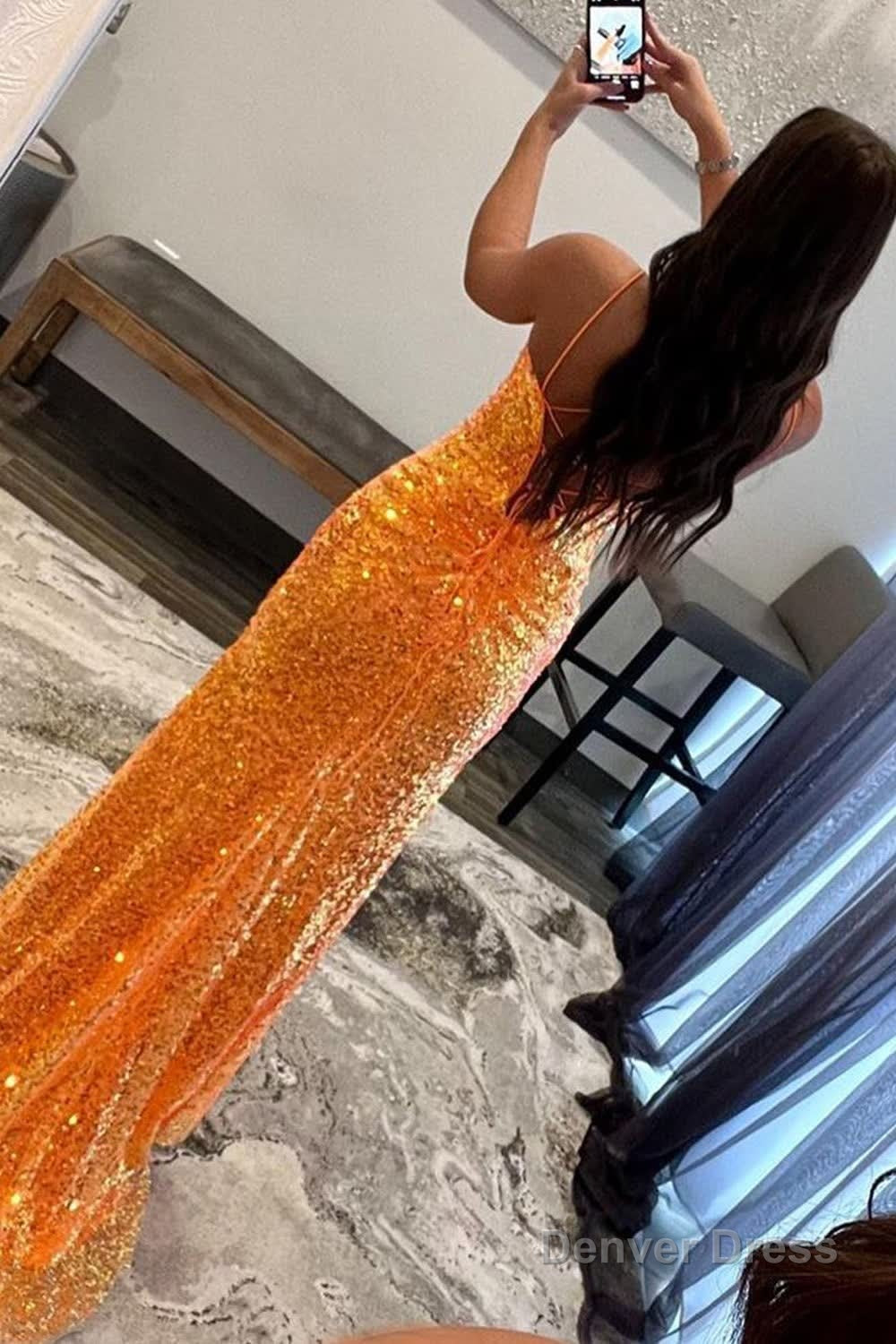 Sparkly Orange Sequins Long Prom Dresses with Slit