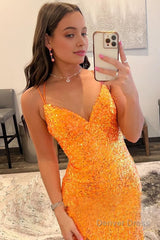 sparkly orange sequins long prom dress with slit