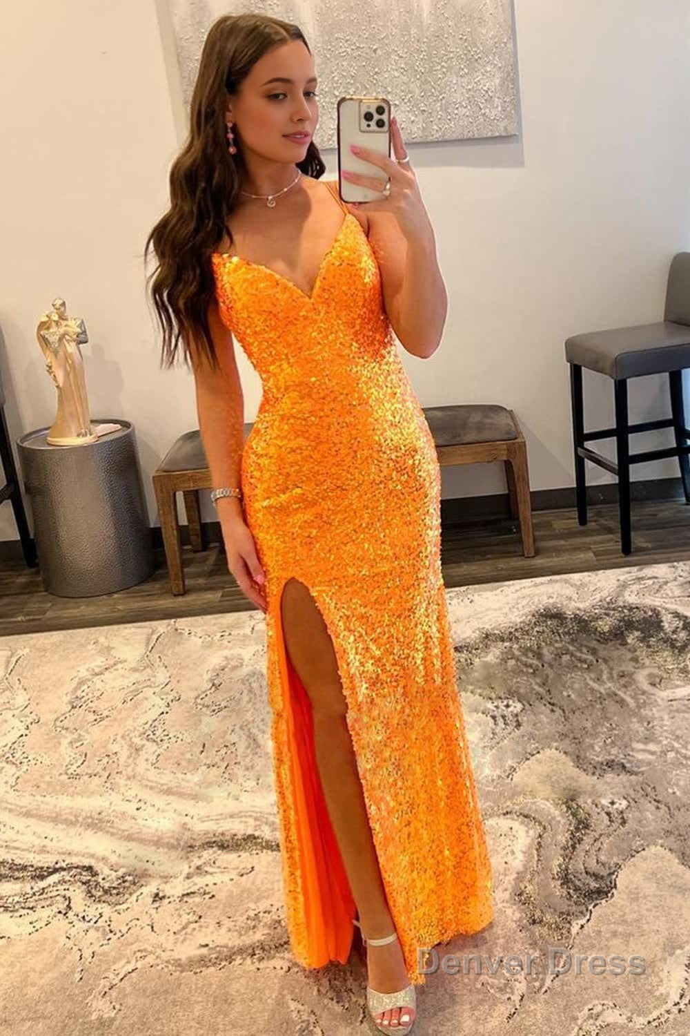 Sparkly Orange Sequins Long Prom Dresses with Slit