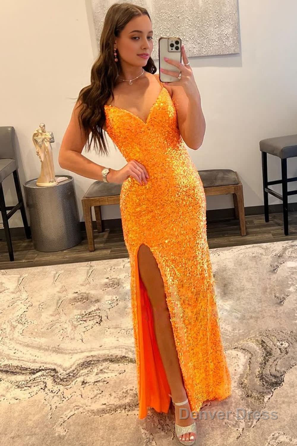 Sparkly Orange Sequins Long Prom Dresses with Slit