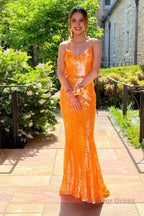 Sparkly Orange Sequins Mermaid Long Prom Dresses
