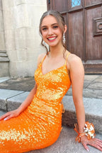 Sparkly Orange Sequins Mermaid Long Prom Dress