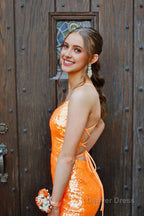 Sparkly Orange Sequins Mermaid Long Prom Dress