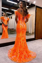 Sparkly Orange Sequins Off the Shoulder Mermaid Long Prom Dresses with Feathers