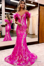 Sparkly Orange Sequins Off the Shoulder Mermaid Long Prom Dresses with Feathers