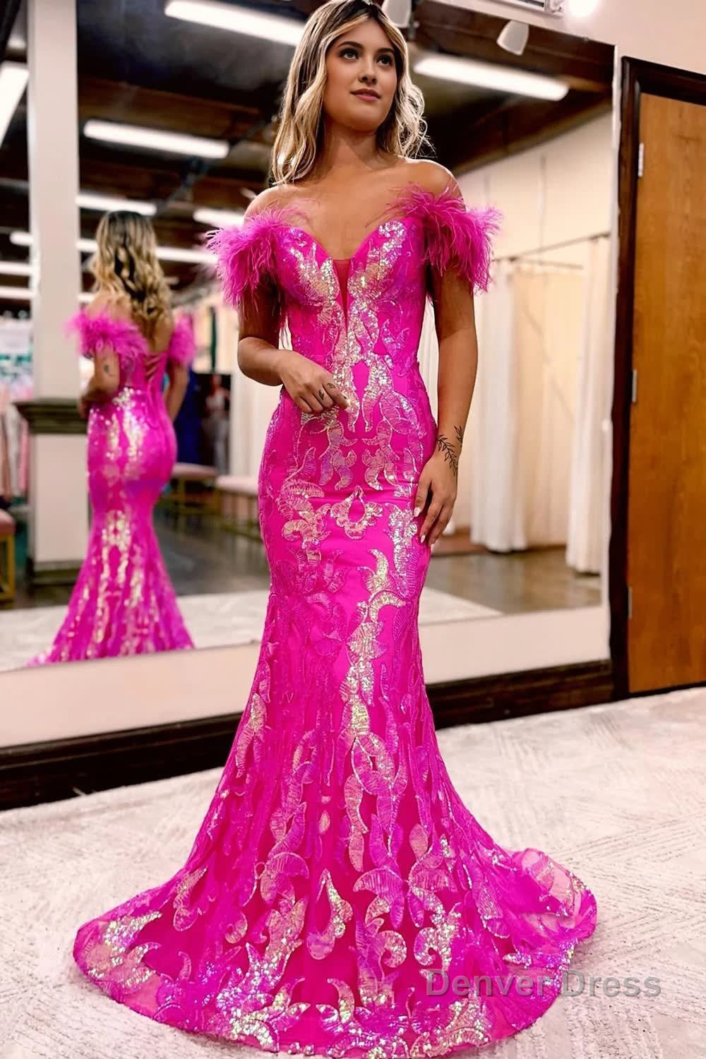 Sparkly Orange Sequins Off the Shoulder Mermaid Long Prom Dresses with Feathers