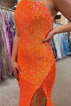 Sparkly Orange Sequins One Shoulder Mermaid Long Prom Dresses with Fringes