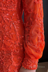 sparkly orange sequins one shoulder one sleeve long prom dress