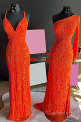 sparkly orange sequins one shoulder one sleeve long prom dress