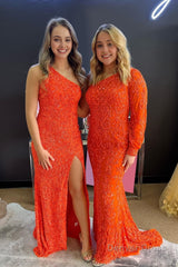 sparkly orange sequins one shoulder one sleeve long prom dress