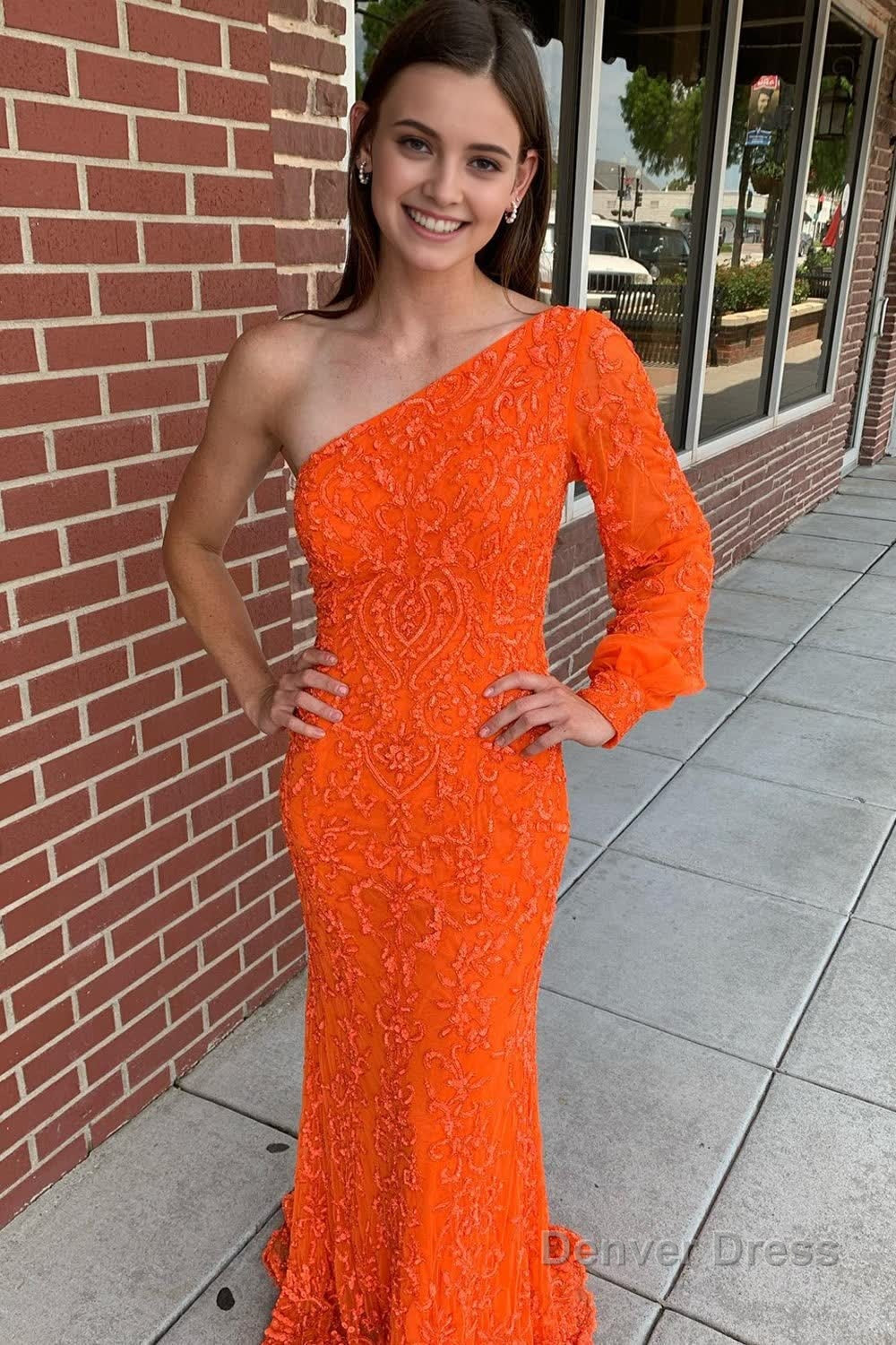 sparkly orange sequins one shoulder one sleeve long prom dress