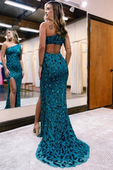 sparkly peacock blue sequins mermaid one shoulder long prom dress with slit