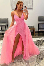 Sparkly Pink Detachable Train Sequins Prom Dresses with Slit
