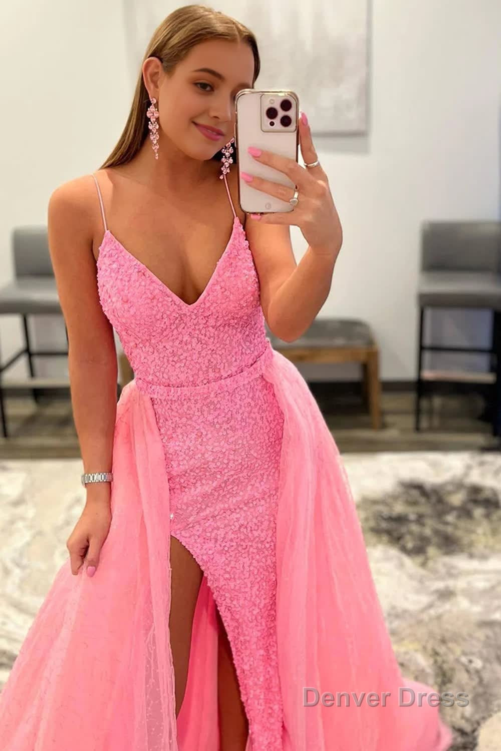 Sparkly Pink Detachable Train Sequins Prom Dresses with Slit Main image