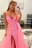 Sparkly Pink Detachable Train Sequins Prom Dresses with Slit
