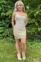 Sparkly Pink Spaghetti Straps Backless Sequins Tight Short Homecoming Dresses