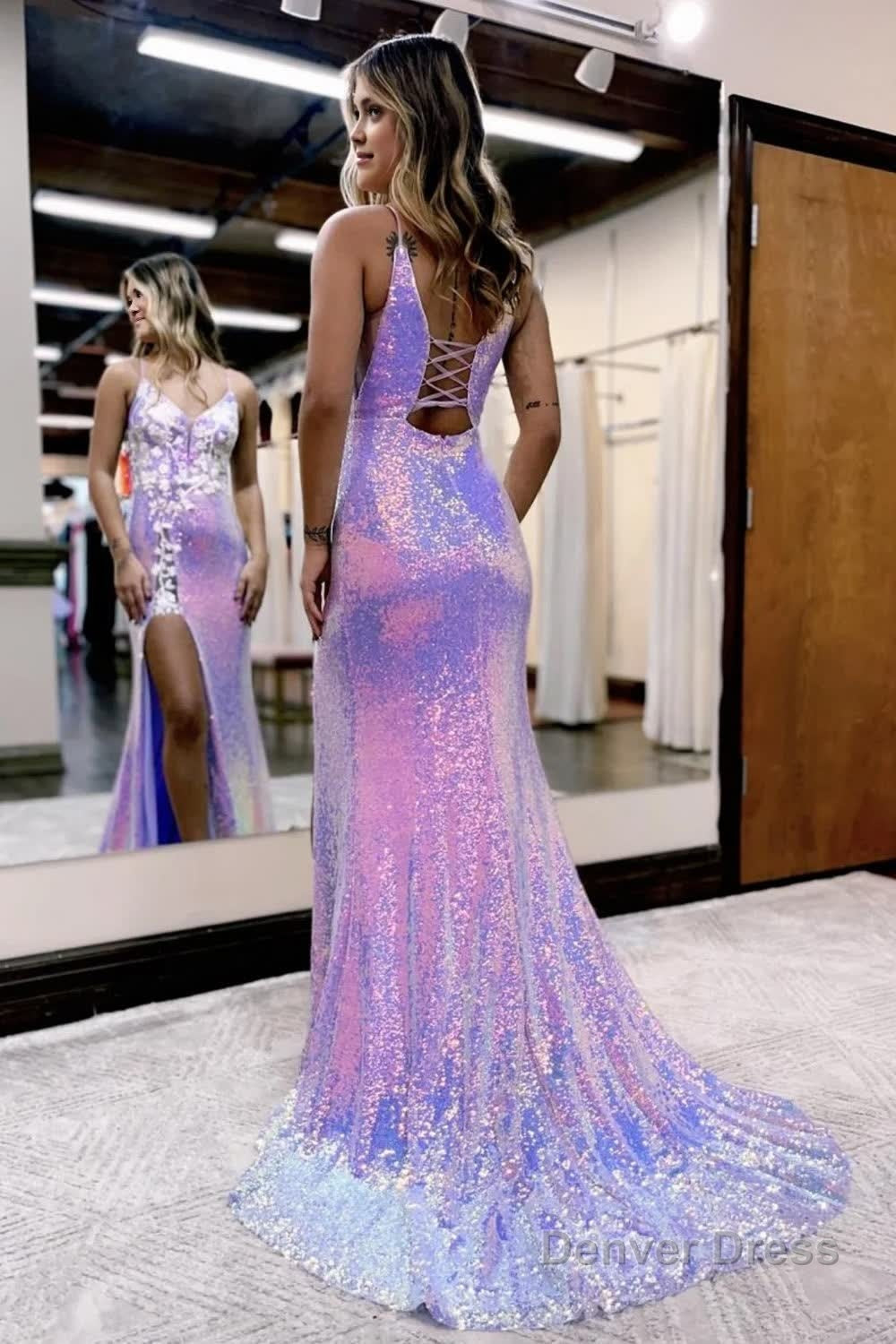 Sparkly Purple Lace-Up Back Mermaid Sequins Long Prom Dress with Slit Secondary image