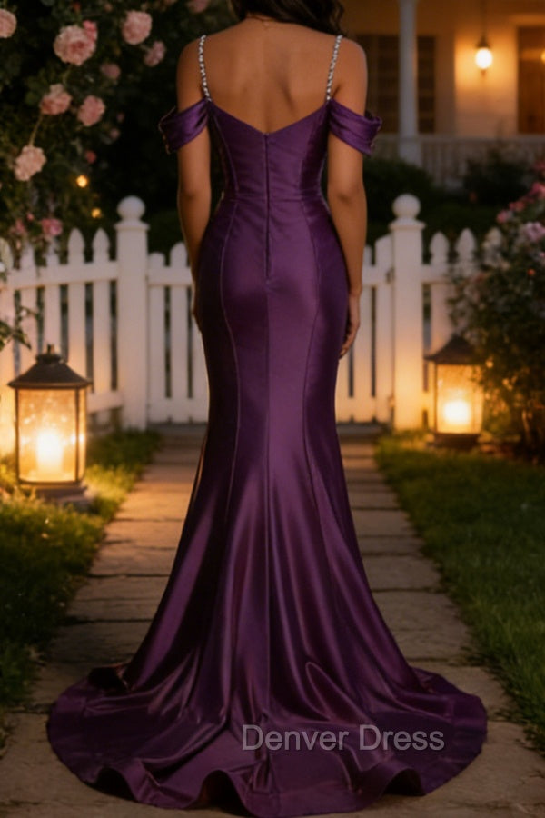 Sparkly Purple Mermaid Cold Shoulder Sequined Ruched Satin Long Prom Dress Secondary image