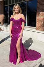 Sparkly Purple Off the Shoulder Mermaid Prom Dresses with Slit