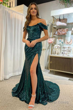 Sparkly Purple Off the Shoulder Mermaid Prom Dresses with Slit
