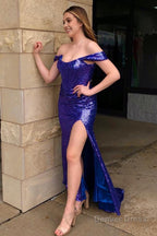 Sparkly Purple Off the Shoulder Mermaid Prom Dresses with Slit