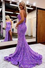 sparkly purple sequins mermaid long prom dress with slit