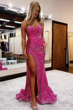 Sparkly Purple Sequins Mermaid Long Prom Dresses with Slit