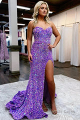 sparkly purple sequins mermaid long prom dress with slit