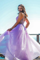sparkly purple spaghetti straps beaded long prom dress with slit