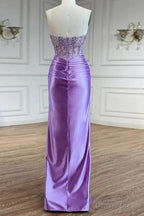 Purple Prom Dress Strapless Mermaid Corset Long Prom Dresses with Slit