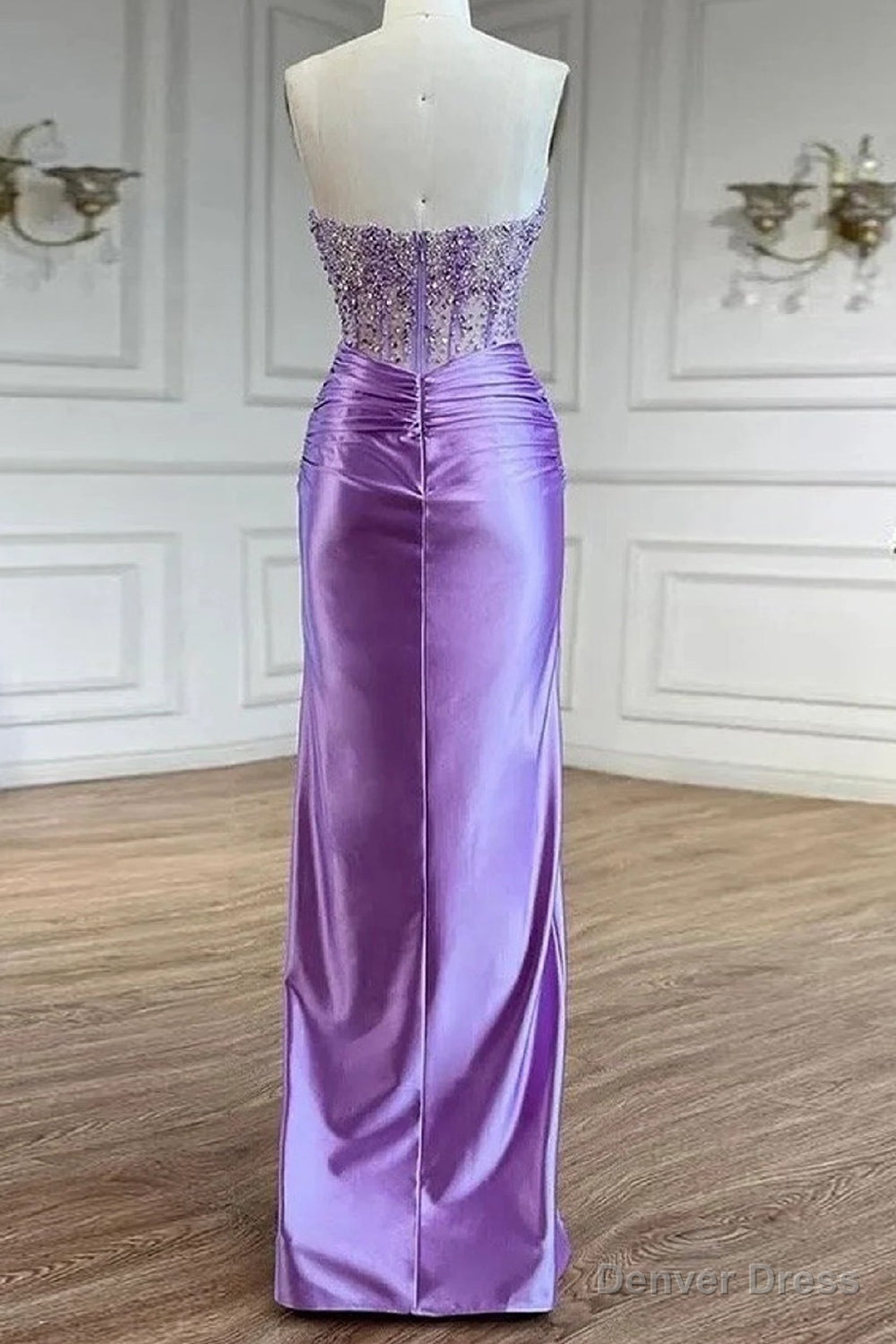 Purple Prom Dress Strapless Mermaid Corset Long Prom Dresses with Slit