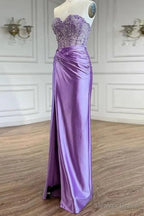 Purple Prom Dress Strapless Mermaid Corset Long Prom Dresses with Slit