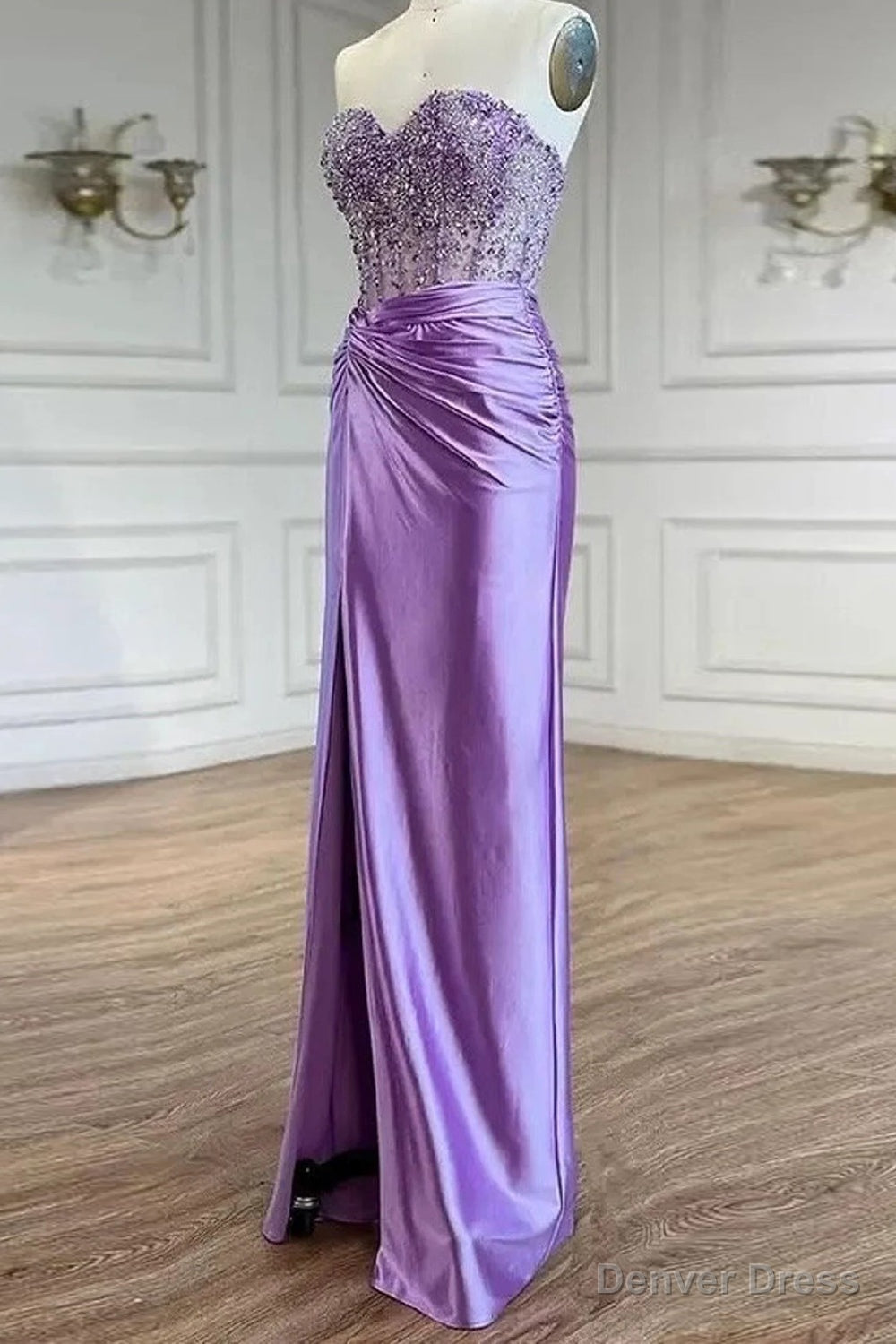 Purple Prom Dress Strapless Mermaid Corset Long Prom Dresses with Slit