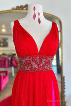 Red Prom Dress A Line Chiffon Long Prom Dresses with Slit