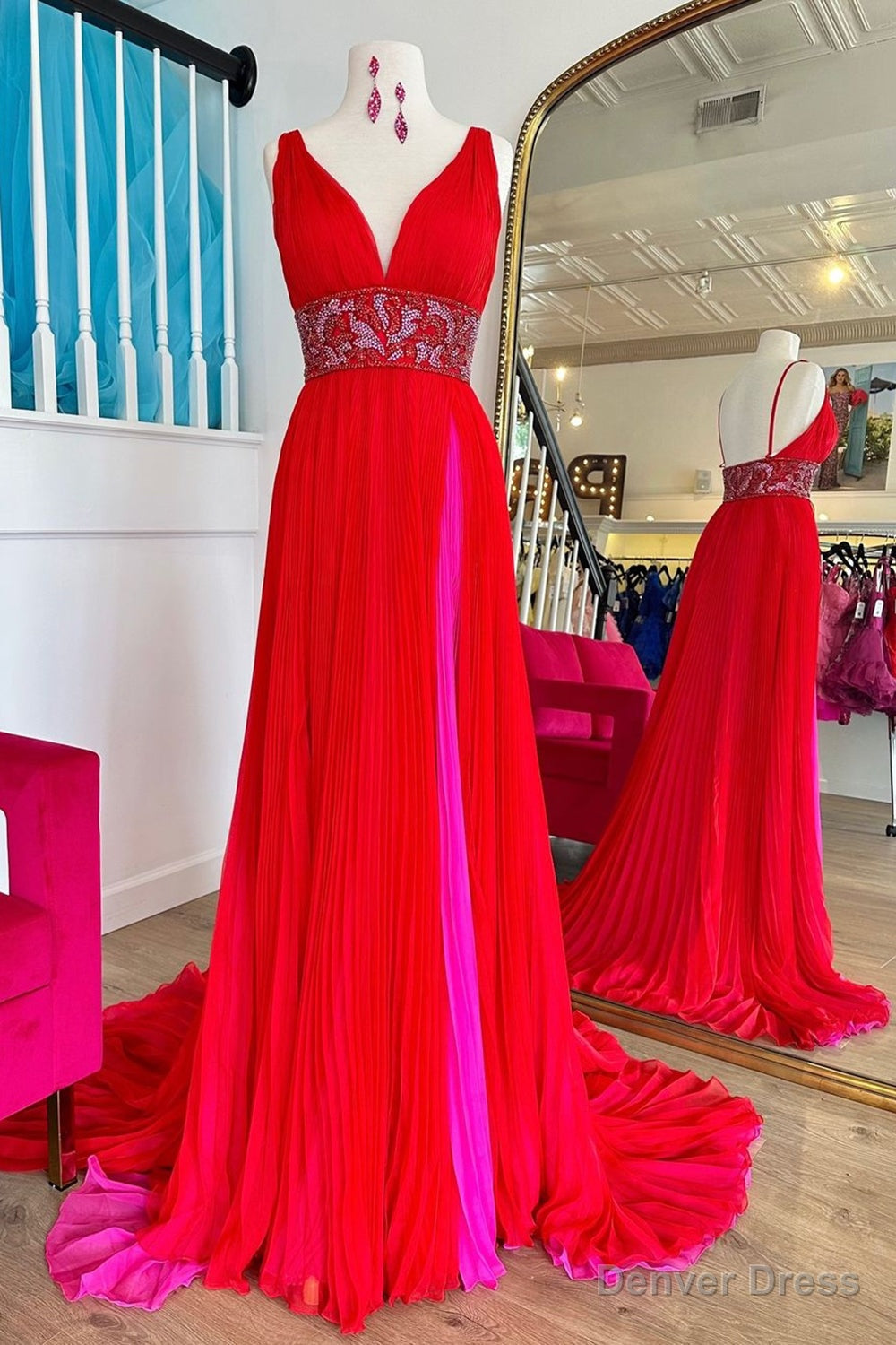 Red Prom Dress A Line Chiffon Long Evening Dress with Slit Main image