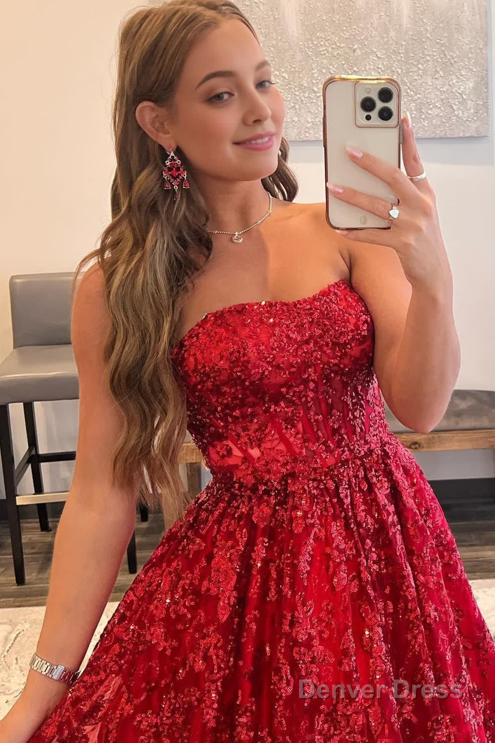 Sparkly Red Long Prom Dresses with Pockets