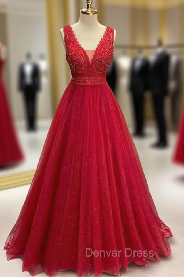 Sparkly Red Prom Dresses, A-line Princess V Neck Long/Floor-Length Tulle Prom Dresses With Appliqued Beading Glitter Main image
