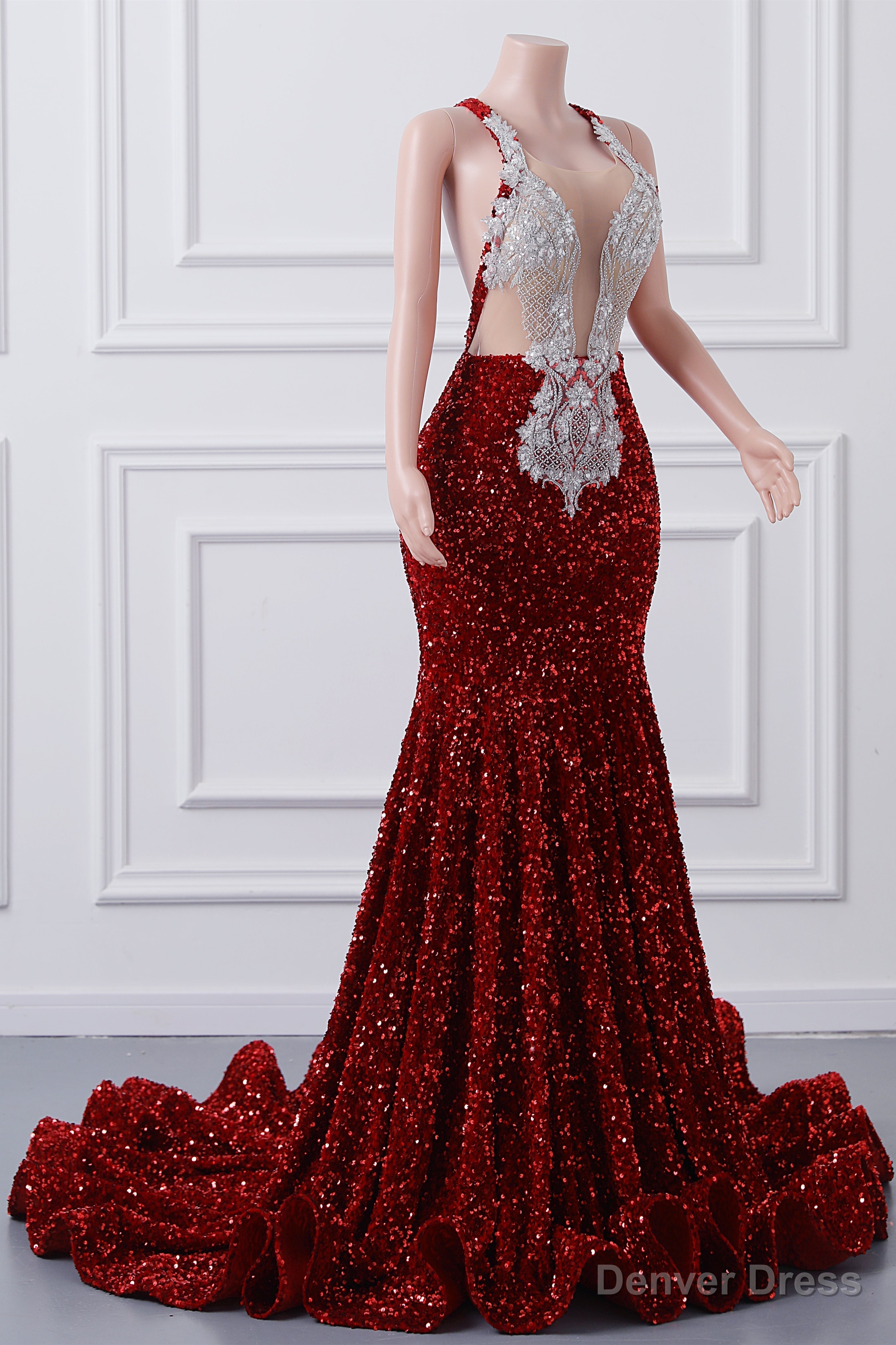 Sparkly Red Sequin Mermaid Prom Dresses Luxury Silver Crystal Beaded Sheer Neck Long Prom Gown for Black Girls Secondary image