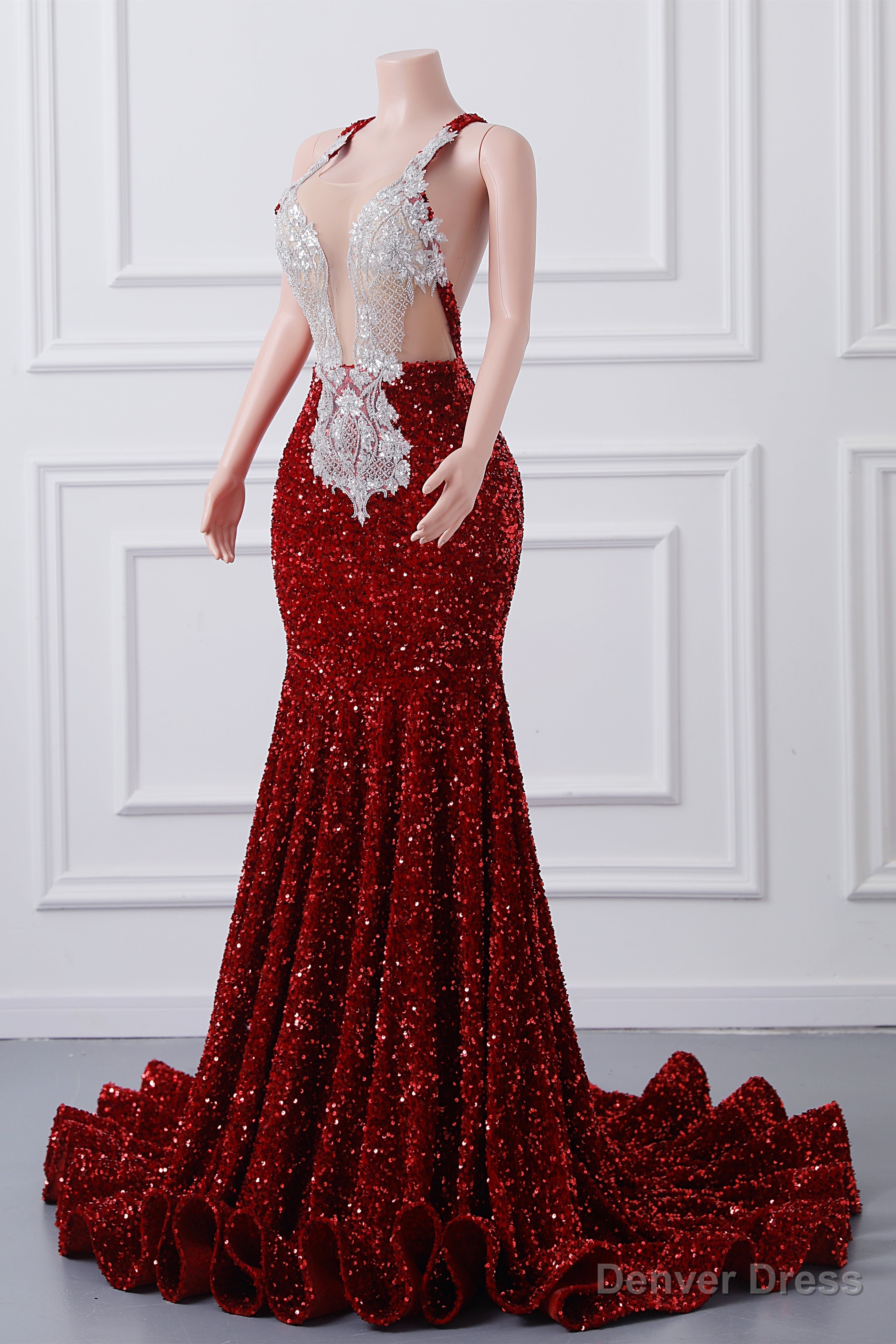Sparkly Red Sequin Mermaid Prom Dresses Luxury Silver Crystal Beaded Sheer Neck Long Prom Gown for Black Girls