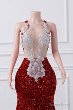 Sparkly Red Sequin Mermaid Prom Dresses Luxury Silver Crystal Beaded Sheer Neck Long Prom Gown for Black Girls