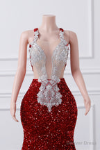 Sparkly Red Sequin Mermaid Prom Dresses Luxury Silver Crystal Beaded Sheer Neck Long Formal Party Evening Gowns for Black Girls