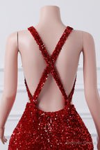 Sparkly Red Sequin Mermaid Prom Dresses Luxury Silver Crystal Beaded Sheer Neck Long Prom Gown for Black Girls