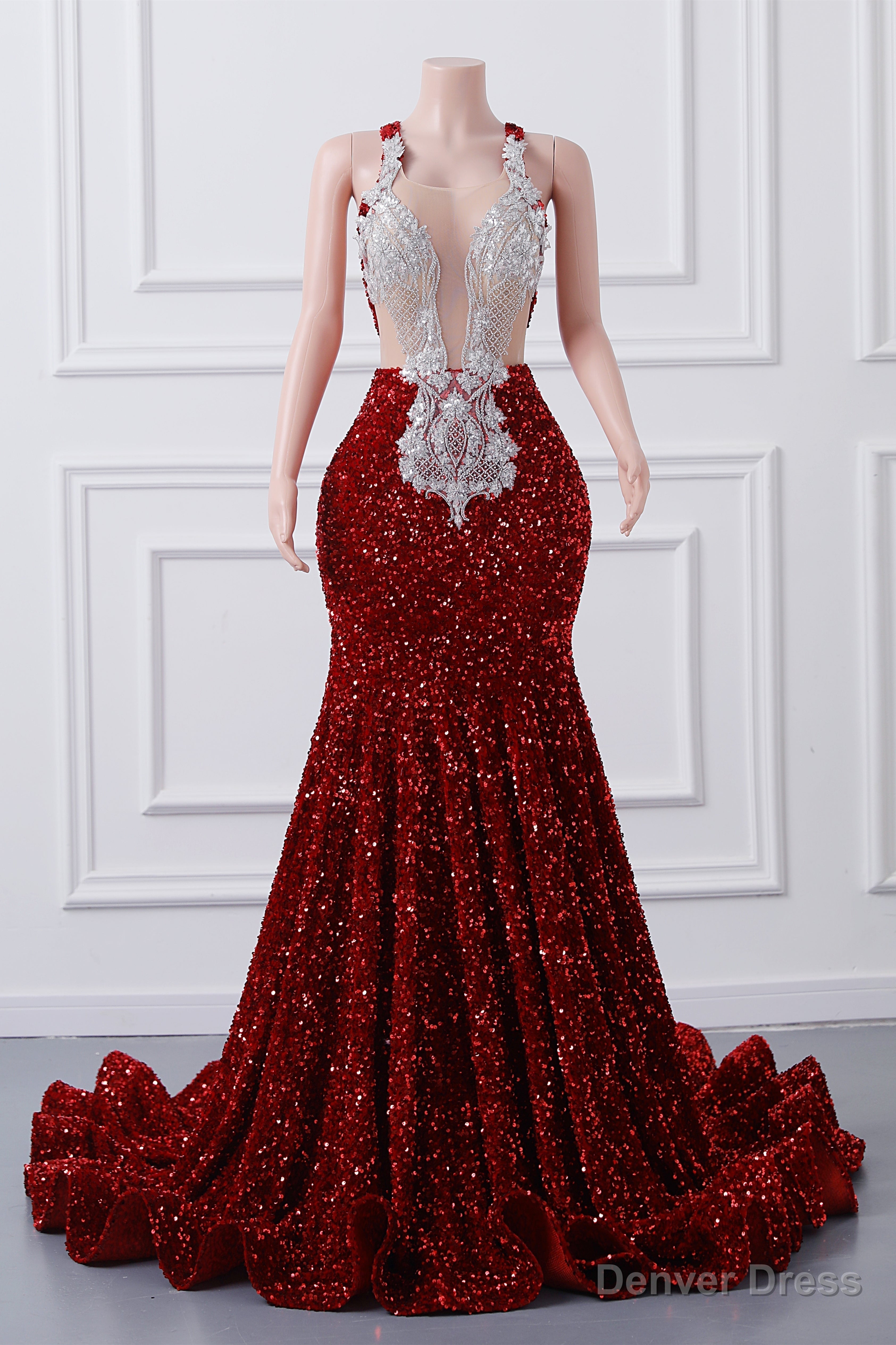 Sparkly Red Sequin Mermaid Prom Dresses Luxury Silver Crystal Beaded Sheer Neck Long Prom Gown for Black Girls Main image