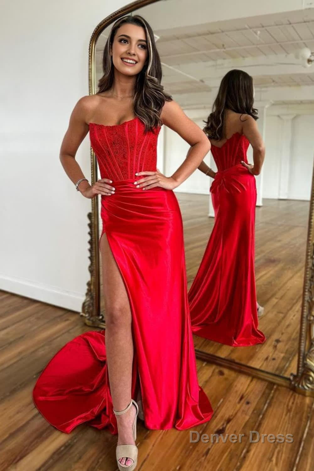 Sparkly Red Sheath Corset Long Prom Dresses with Lace