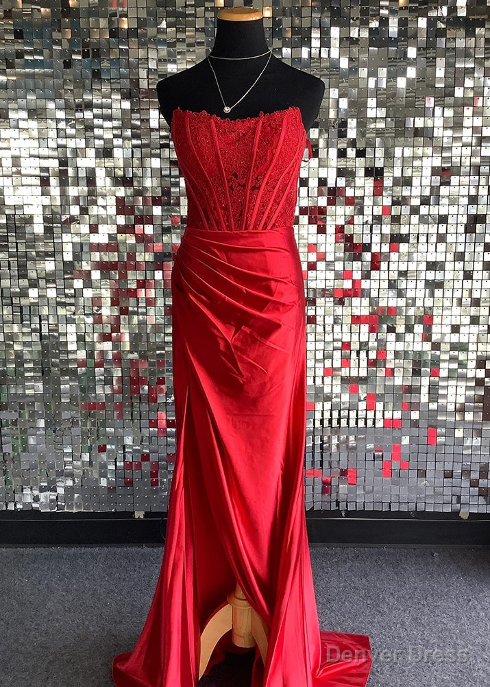 Red Sheath Strapless Corset Satin Prom Dresses with Slit Main image
