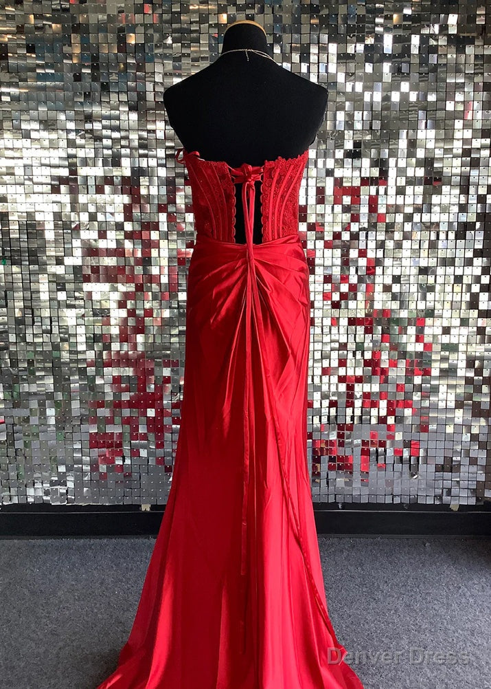 Red Sheath Strapless Corset Satin Prom Dresses with Slit Secondary image