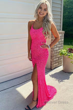 Sparkly Royal Blue Backless Sequins Long Prom Dresses with Slit